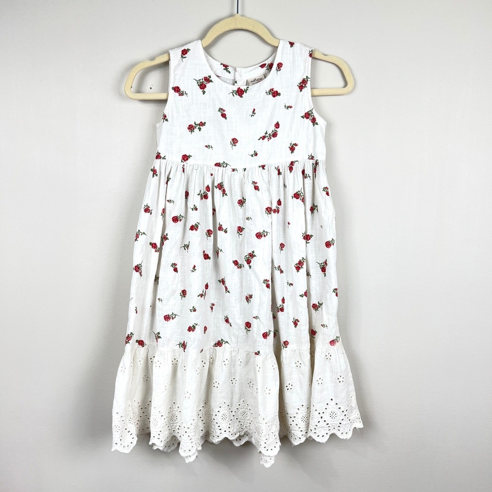 Utsa Girls Floral Rose Dress  13/14 White Eyelet Lace Scalloped Cottagecore